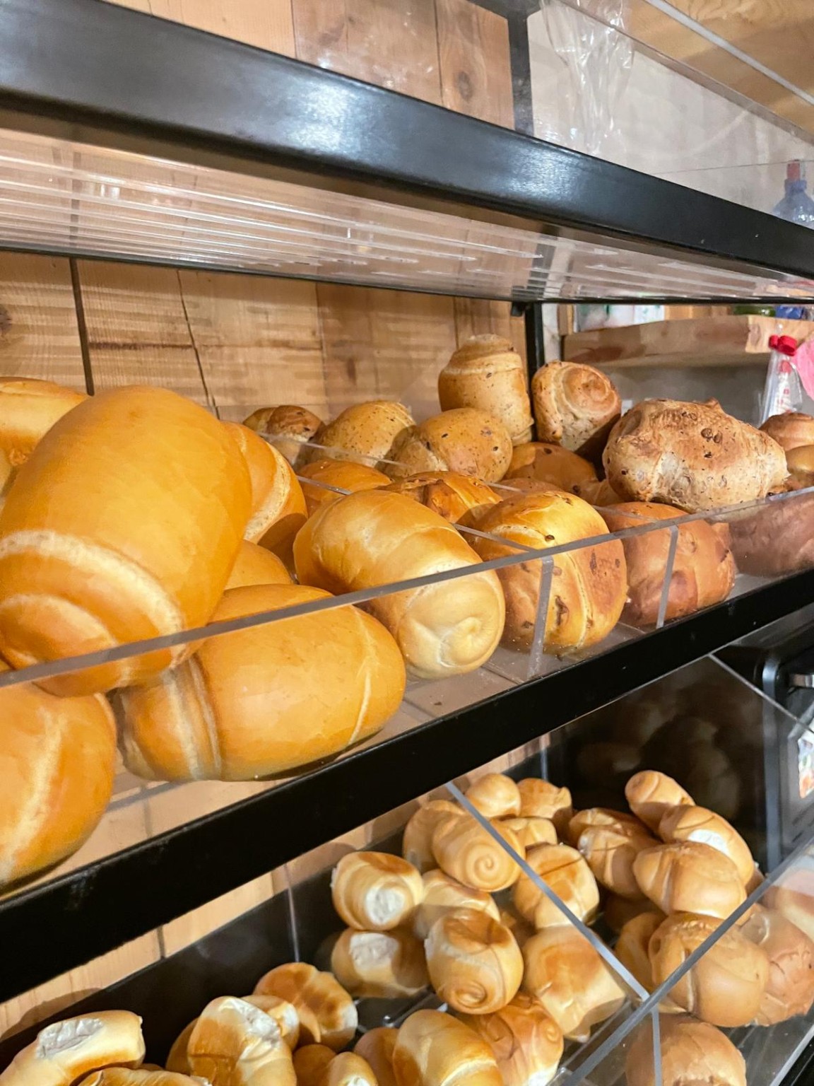 Filoni dorati e panini assortiti esposti sul banco del pane