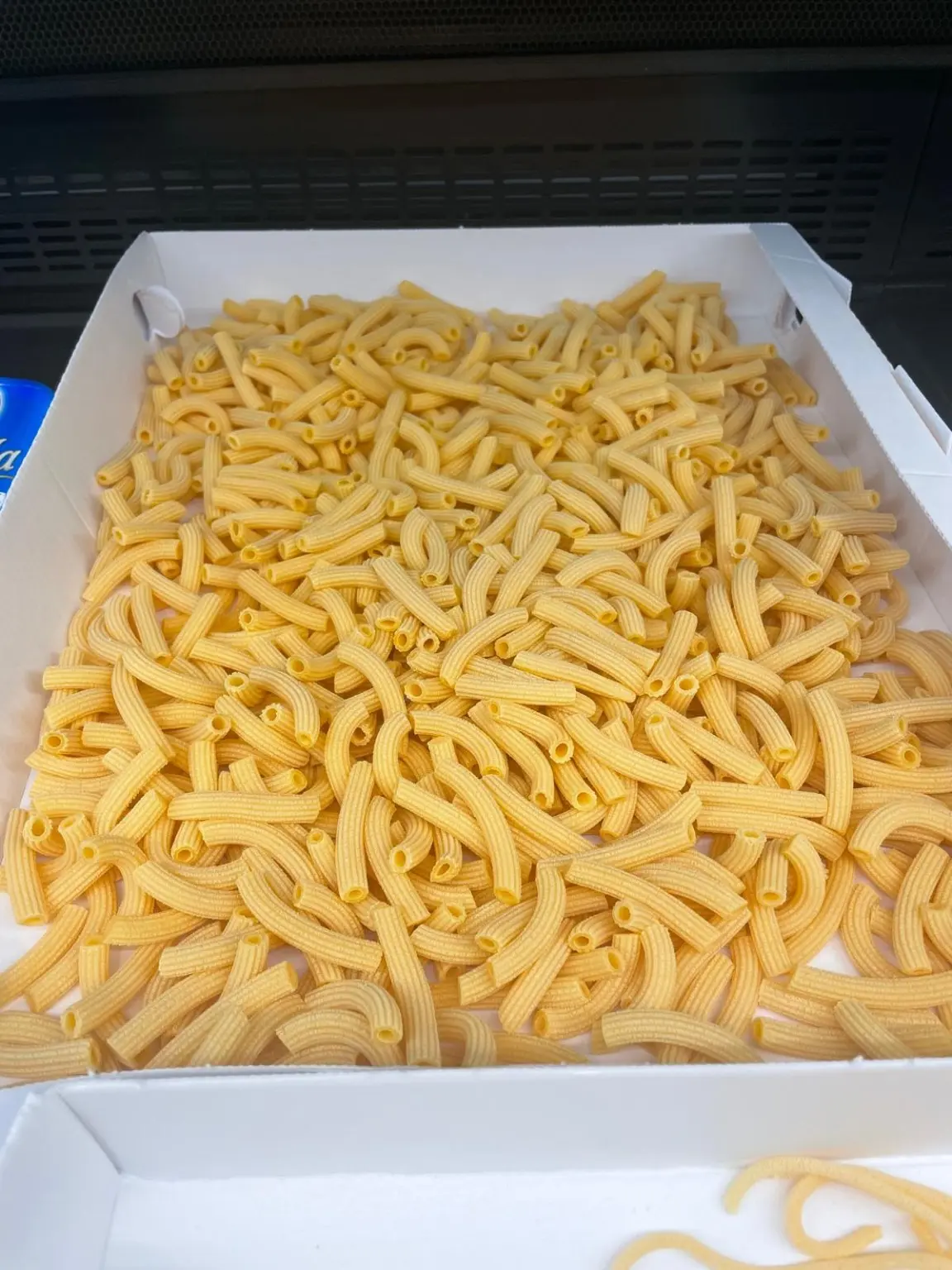 Pasta corta rigata all'uovo esposta in una scatola bianca